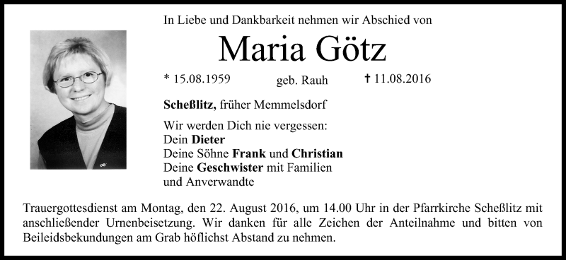 Maria Götz | Traueranzeige | trauer.inFranken.de