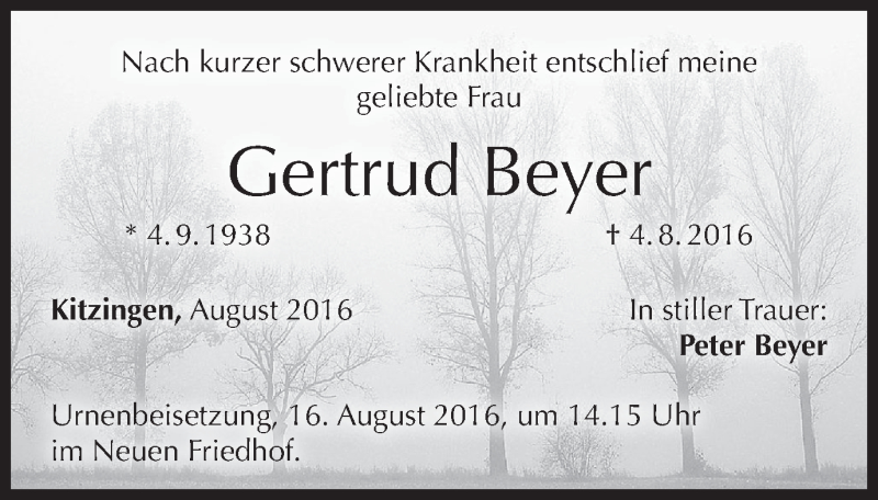  Traueranzeige für Gertrud Beyer vom 13.08.2016 aus MGO