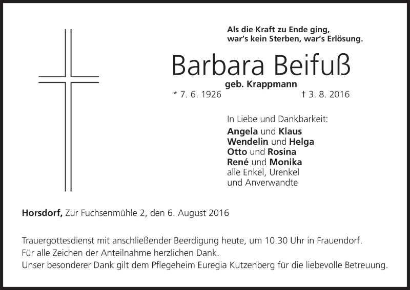  Traueranzeige für Barbara Beifuß vom 06.08.2016 aus MGO