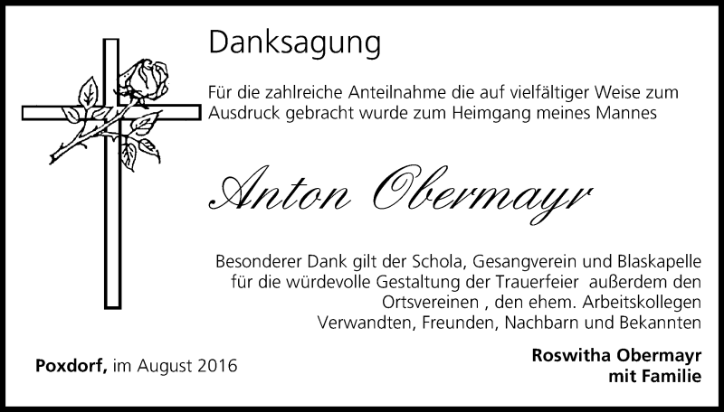  Traueranzeige für Anton Obermayr vom 19.08.2016 aus MGO