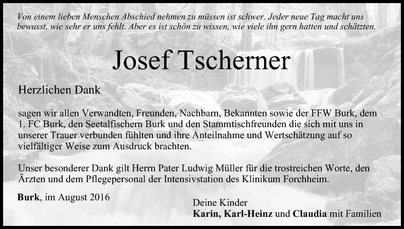  Traueranzeige für Josef Tscherner vom 27.08.2016 aus MGO