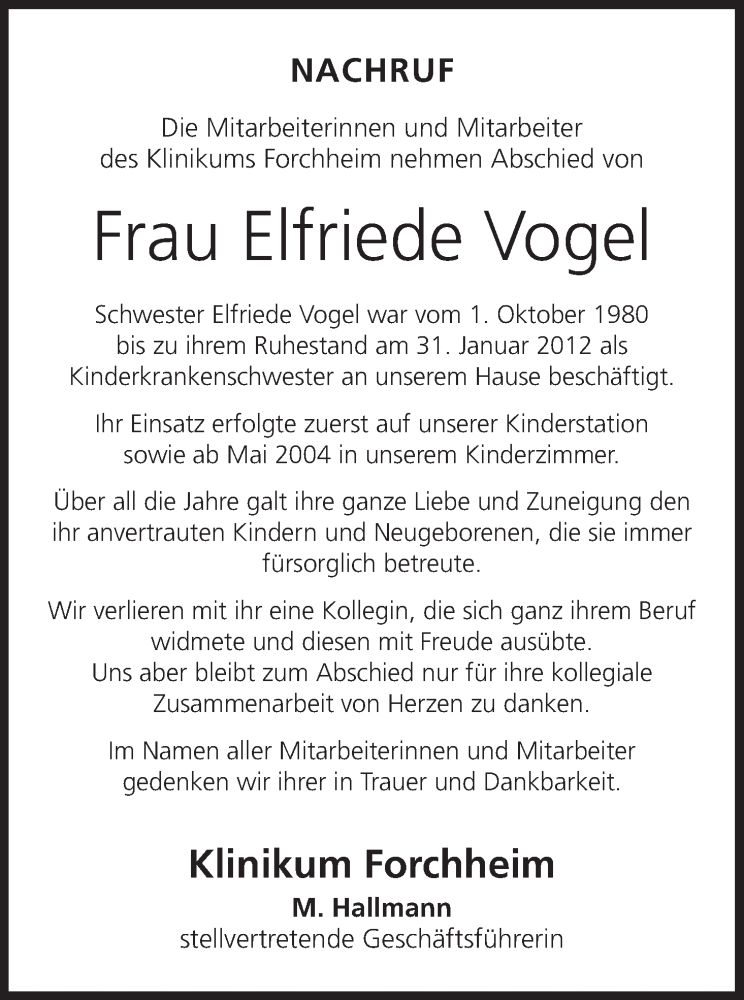  Traueranzeige für Elfriede Vogel vom 26.08.2016 aus MGO