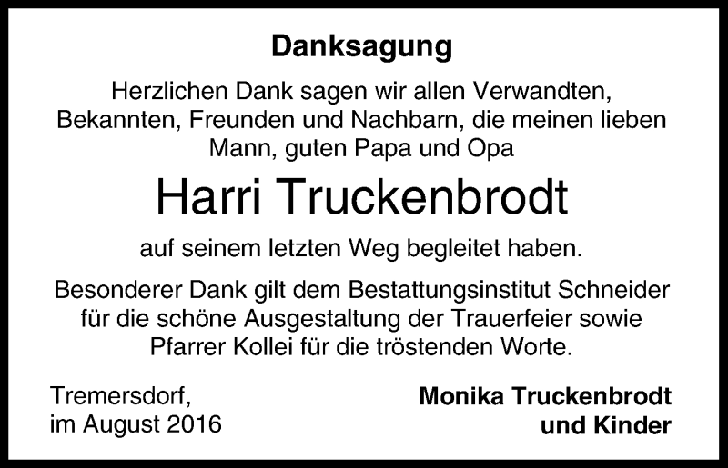  Traueranzeige für Harri Truckenbrodt vom 20.08.2016 aus MGO