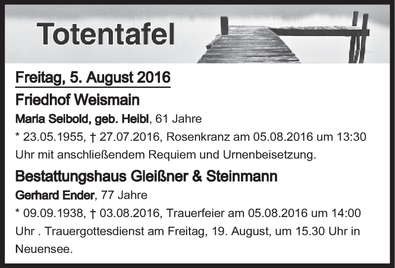  Traueranzeige für Totentafel vom 05.08.2016 vom 05.08.2016 aus MGO