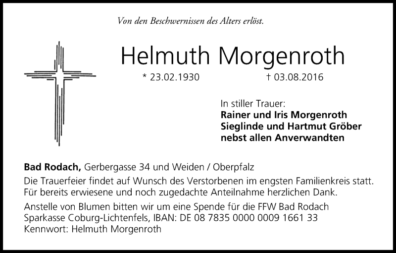  Traueranzeige für Helmuth Morgenroth vom 06.08.2016 aus MGO