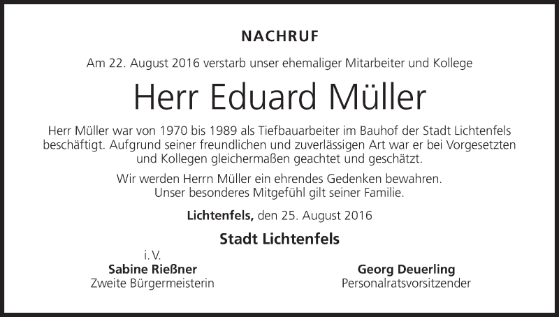  Traueranzeige für Eduard Müller vom 27.08.2016 aus MGO