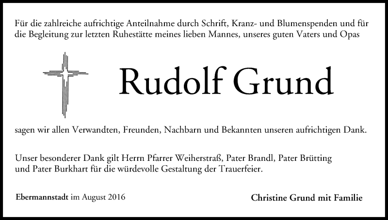  Traueranzeige für Rudolf Grund vom 20.08.2016 aus MGO
