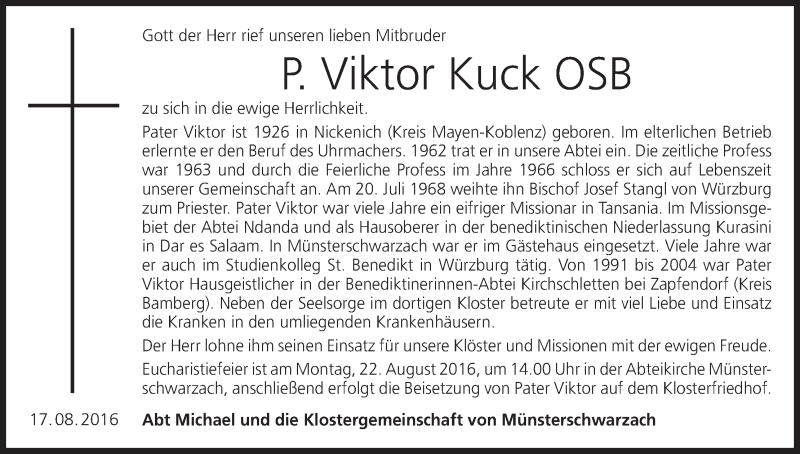  Traueranzeige für Viktor Kuck vom 19.08.2016 aus MGO
