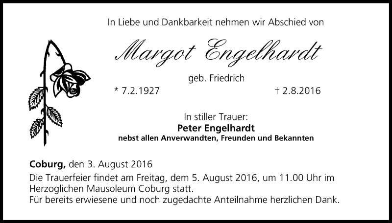  Traueranzeige für Margot Engelhardt vom 03.08.2016 aus MGO