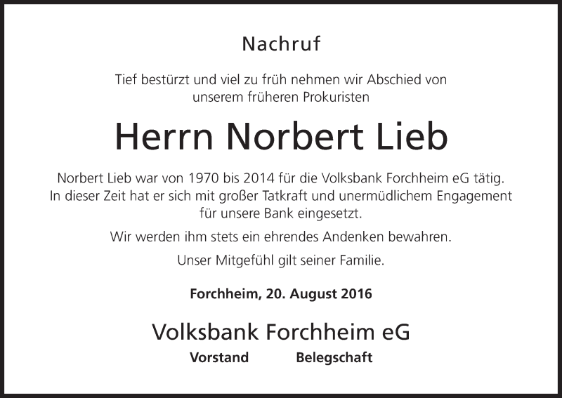  Traueranzeige für Norbert Lieb vom 20.08.2016 aus MGO