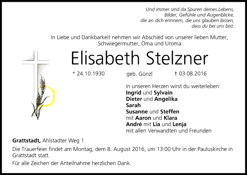  Traueranzeige für Elisabeth Stelzner vom 06.08.2016 aus MGO