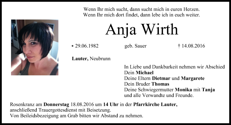  Traueranzeige für Anja Wirth vom 17.08.2016 aus MGO