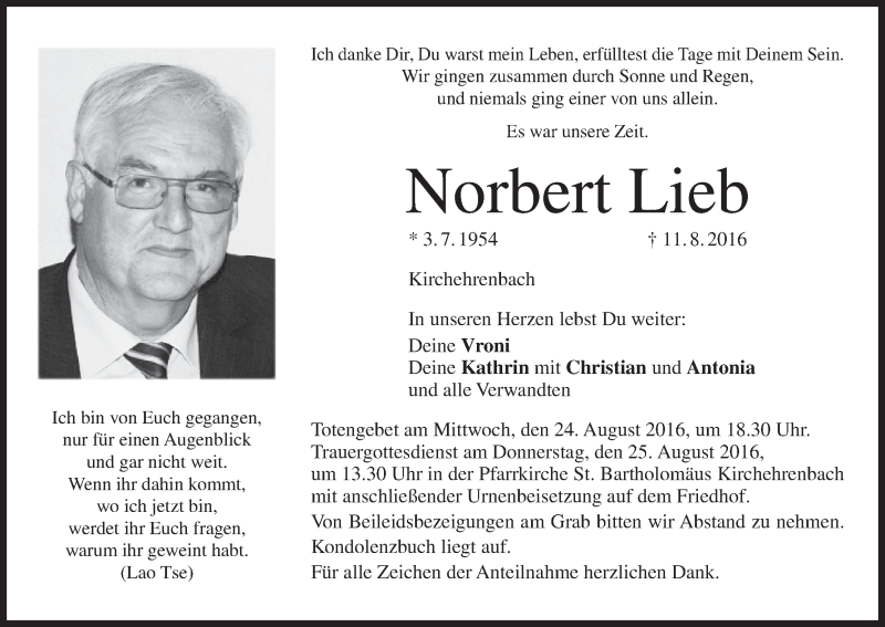  Traueranzeige für Norbert Lieb vom 20.08.2016 aus MGO
