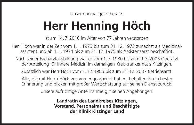  Traueranzeige für Henning Höch vom 06.08.2016 aus MGO