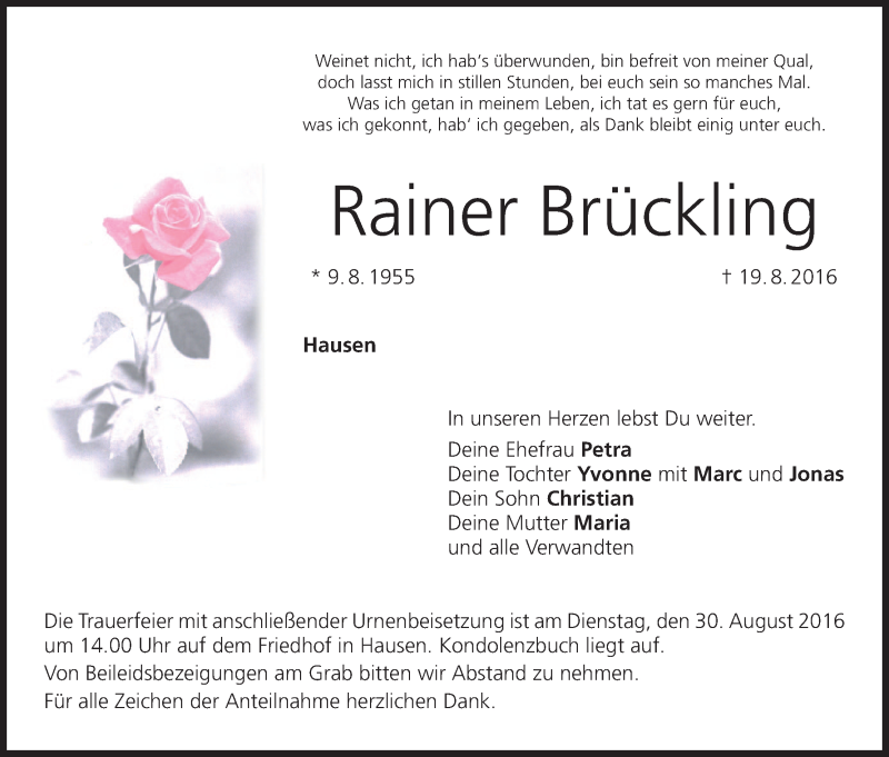  Traueranzeige für Rainer Brückling vom 27.08.2016 aus MGO