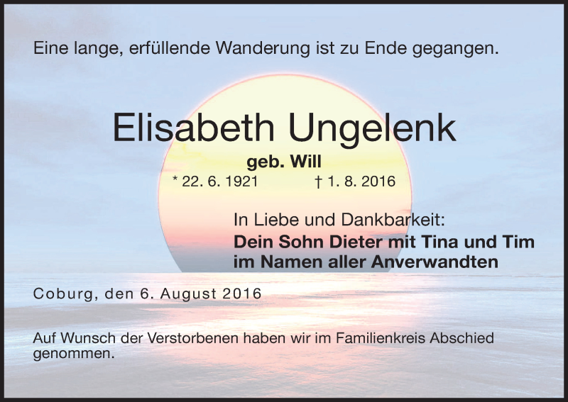  Traueranzeige für Elisabeth Ungelenk vom 06.08.2016 aus MGO