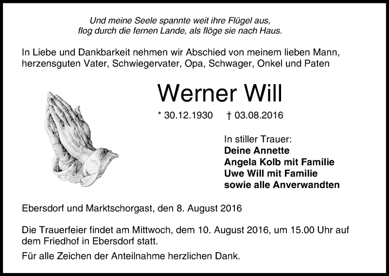  Traueranzeige für Werner Will vom 08.08.2016 aus MGO