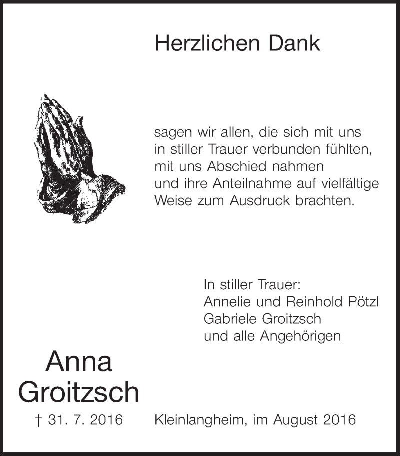  Traueranzeige für Anna Groitzsch vom 13.08.2016 aus MGO