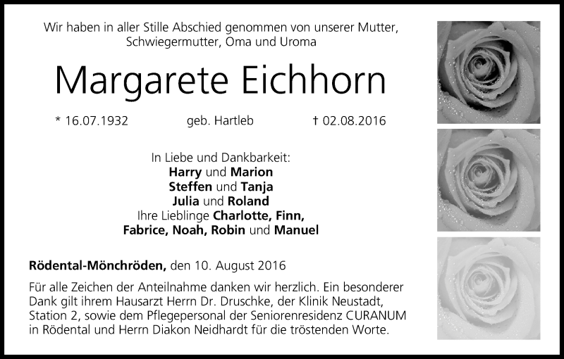  Traueranzeige für Margarete Eichhorn vom 10.08.2016 aus MGO