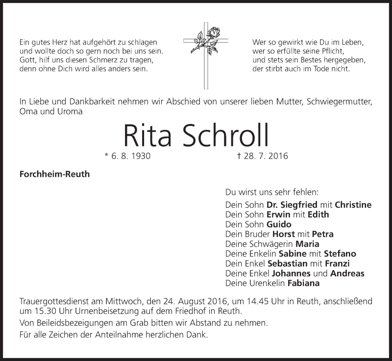  Traueranzeige für Rita Schroll vom 18.08.2016 aus MGO
