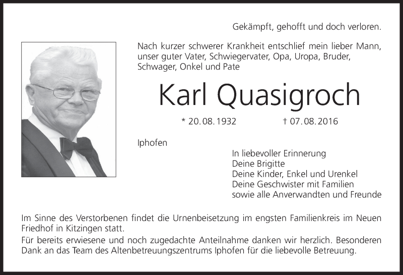  Traueranzeige für Karl Quasigroch vom 13.08.2016 aus MGO