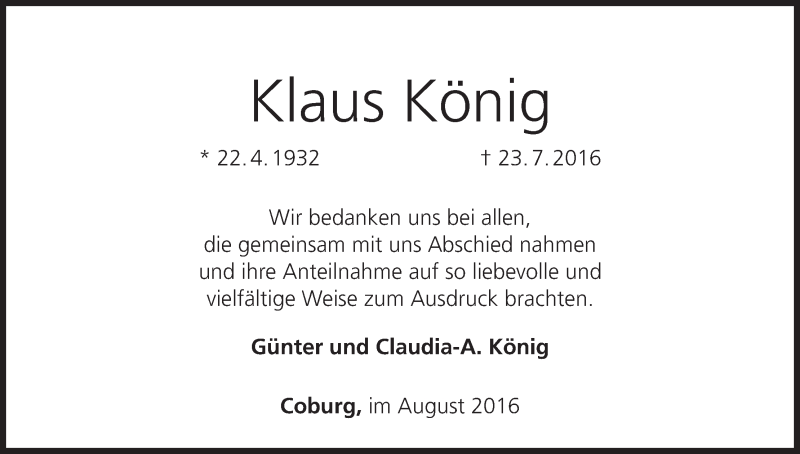  Traueranzeige für Klaus König vom 13.08.2016 aus MGO