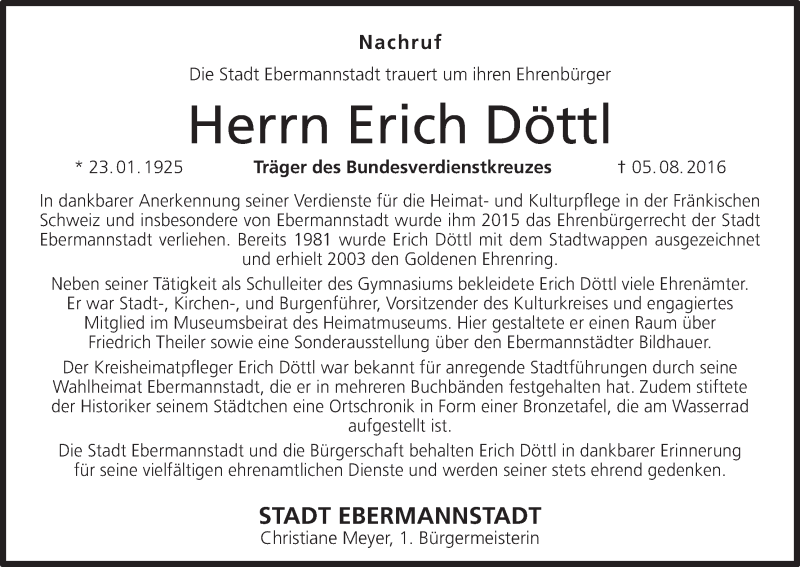  Traueranzeige für Erich Döttl vom 09.08.2016 aus MGO