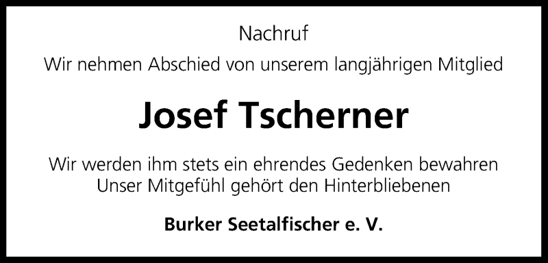  Traueranzeige für Josef Tscherner vom 18.08.2016 aus MGO