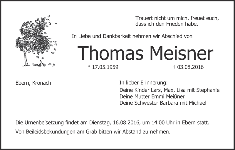  Traueranzeige für Thomas Meisner vom 13.08.2016 aus MGO