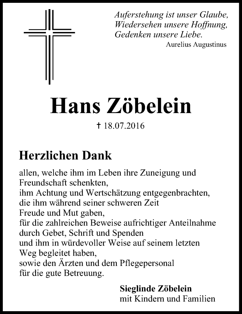  Traueranzeige für Hans Zöbelein vom 06.08.2016 aus MGO