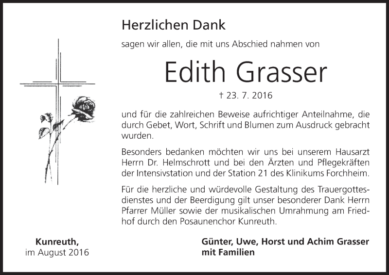  Traueranzeige für Edith Grasser vom 10.08.2016 aus MGO