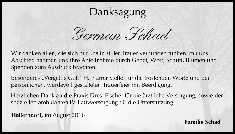  Traueranzeige für German Schad vom 27.08.2016 aus MGO