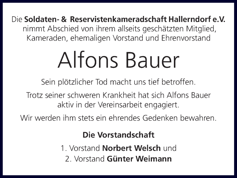  Traueranzeige für Alfons Bauer vom 26.08.2016 aus MGO