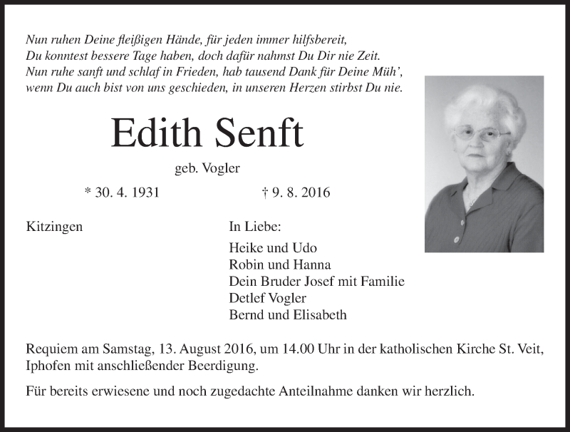  Traueranzeige für Edith Senft vom 11.08.2016 aus MGO