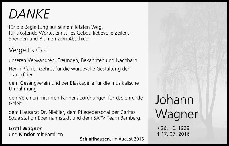  Traueranzeige für Johann Wagner vom 06.08.2016 aus MGO