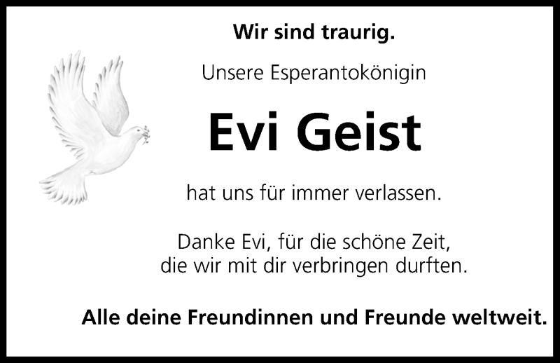  Traueranzeige für Evi Geist vom 30.08.2016 aus MGO