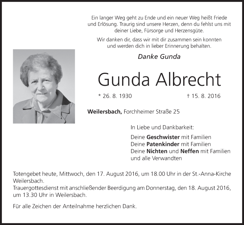  Traueranzeige für Gunda Albrecht vom 17.08.2016 aus MGO