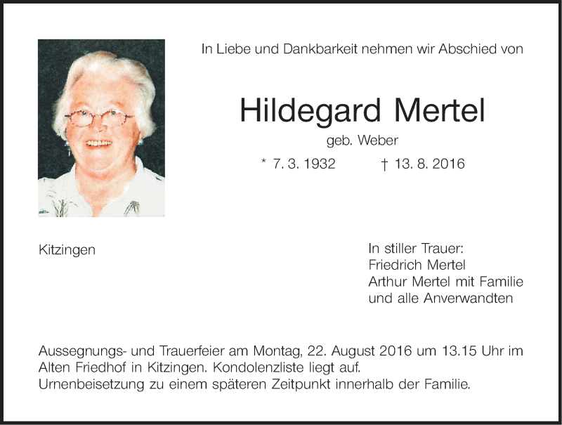  Traueranzeige für Hildegard Mertel vom 20.08.2016 aus MGO