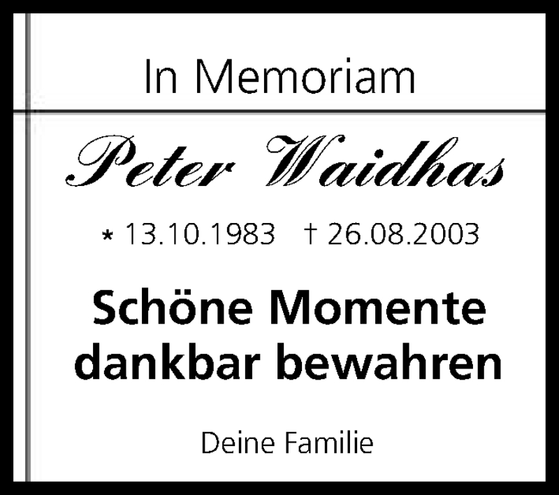  Traueranzeige für Peter Waidhas vom 26.08.2016 aus MGO