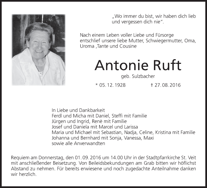  Traueranzeige für Antonie Ruft vom 30.08.2016 aus MGO