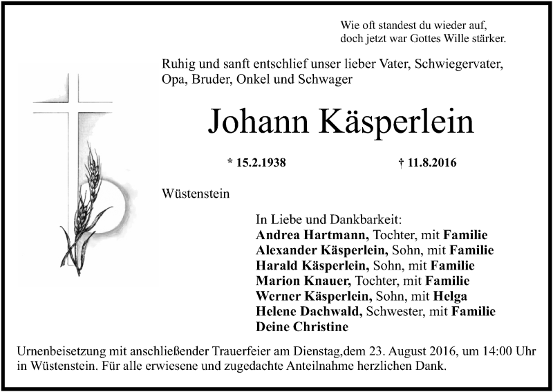  Traueranzeige für Johann Käsperlein vom 20.08.2016 aus MGO