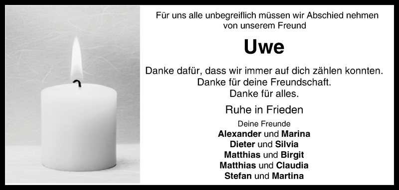  Traueranzeige für Uwe  vom 05.08.2016 aus MGO