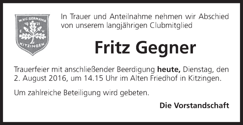  Traueranzeige für Fritz Gegner vom 02.08.2016 aus MGO