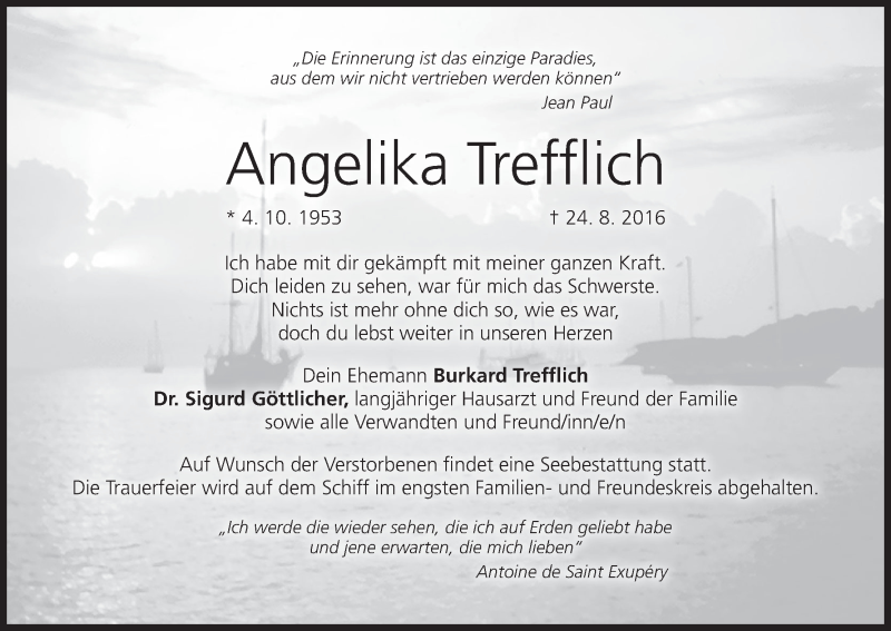  Traueranzeige für Angelika Trefflich vom 27.08.2016 aus MGO