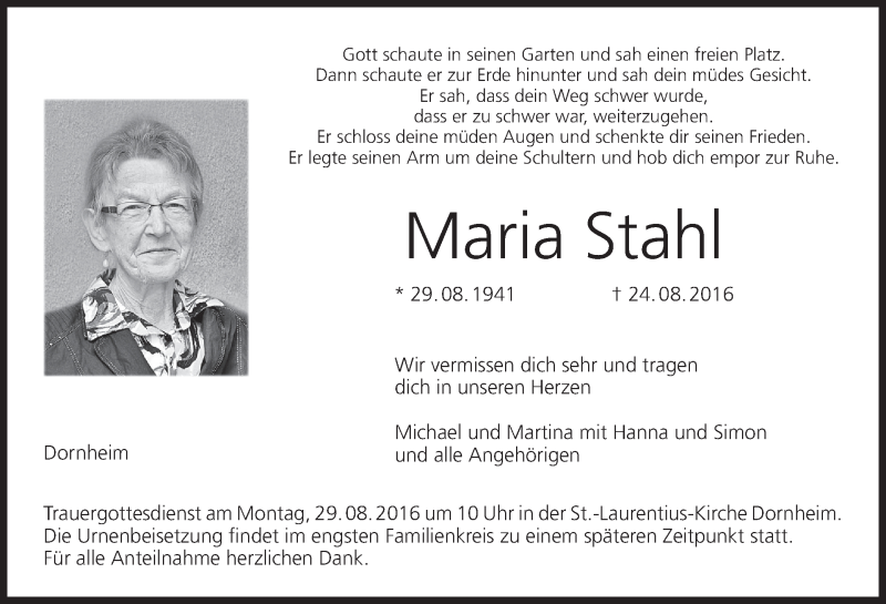  Traueranzeige für Maria Stahl vom 26.08.2016 aus MGO