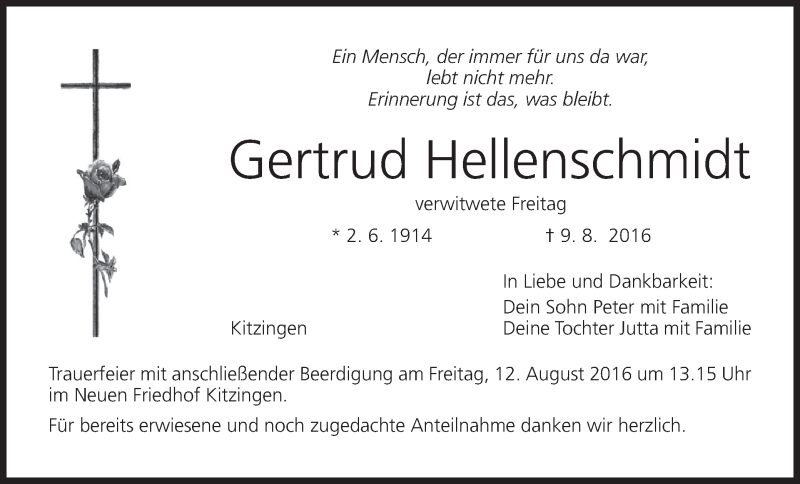  Traueranzeige für Gertrud Hellenschmidt vom 10.08.2016 aus MGO
