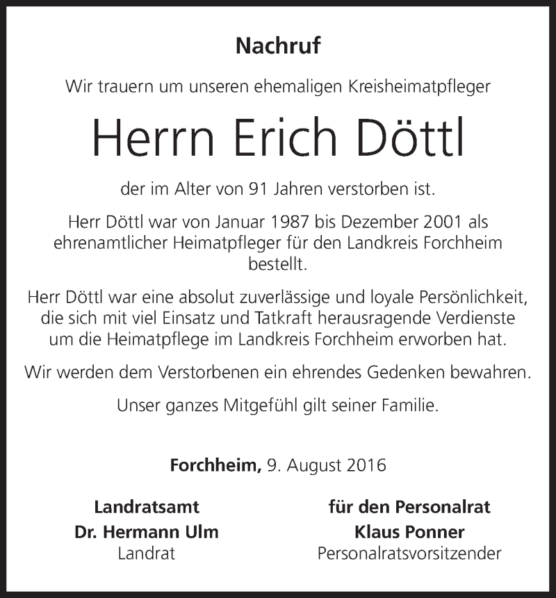  Traueranzeige für Erich Döttl vom 09.08.2016 aus MGO