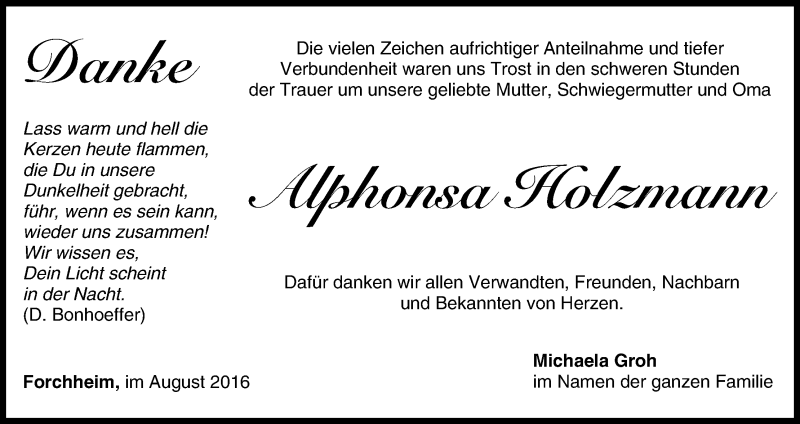  Traueranzeige für Alphonsa Holzmann vom 13.08.2016 aus MGO