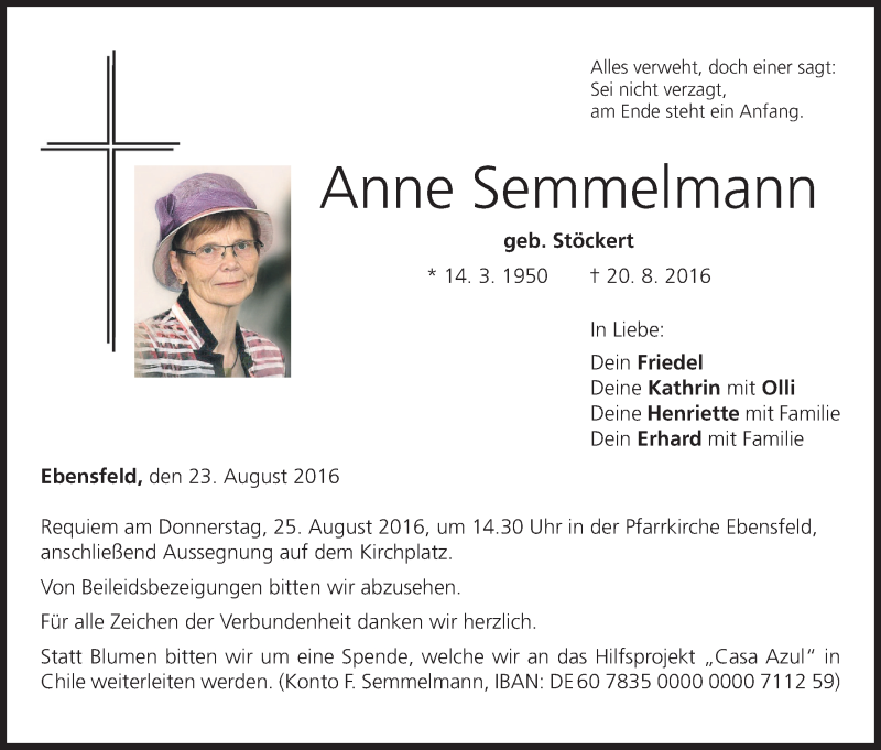  Traueranzeige für Anne Semmelmann vom 23.08.2016 aus MGO
