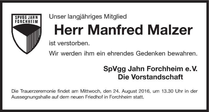  Traueranzeige für Manfred Malzer vom 23.08.2016 aus MGO